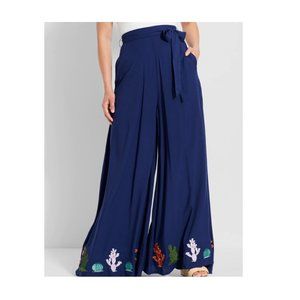NWT Modcloth x Collectif Wide-Leg Palazzo Cactus Embroidered Pants M Navy US6 S